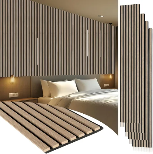 Vista 11 de Yuzzy Paneles de madera para pared y techo, paneles acústicos de listones de madera de 108 x 11 pulgadas, 2 unidades, paneles de pared modernos que