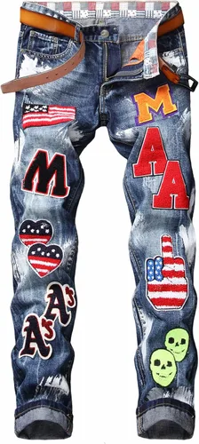 Vista 36 de Baylvn - Pantalones de mezclilla para hombre con diseño patchwork, ajustados y cómodos, estilo motociclista 3132 Camuflaje y azul