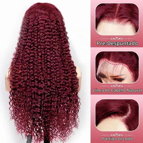 Vista 3 de Nsvnsv Peluca de cabello humano burdeos 99j borgoña de 13 x 6 pulgadas, pelucas de encaje frontal transparente HD de cabello humano prearrancado 99J