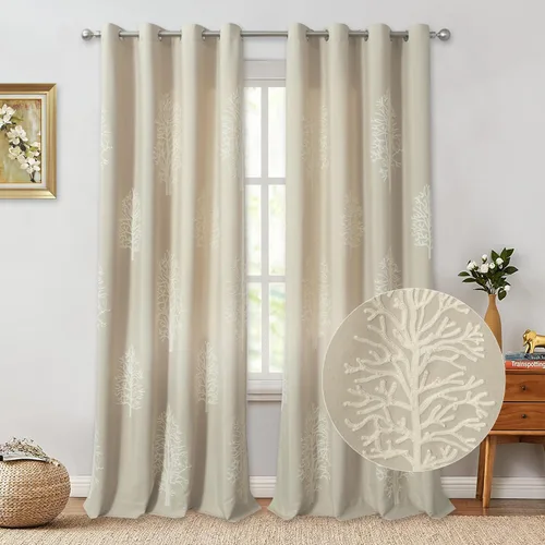 Vista 9 de VOGOL - Cortinas con ojales bordadas con patrón floral elegante de lino sintético, 2 paneles, 60% opacas con aislamiento térmico, cortinas pesadas