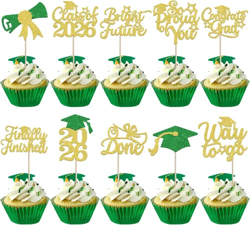 Vista 15 de 30 piezas de decoración para cupcakes de graduación para la clase de 2026 con purpurina brillante para el futuro diploma hecho 2026 Felicidades
