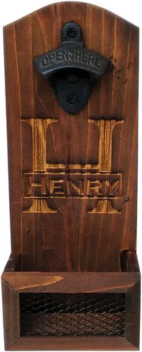 Vista 4 de Abrebotellas de madera de nogal rústico personalizado para montaje en pared con receptor de tapas, padrino de boda, padrino de boda, cumpleaños