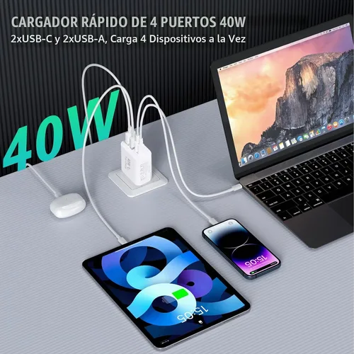 Vista 2 de iPhone 17 16 15 Cargador de carga rápida 40W 4 puertos USB C bloque