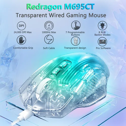 Vista 2 de Redragon Ratón para juegos con cable, 24,000 DPI, 7 botones programables, 2 botones laterales, 8 modos retroiluminados LED RGB, carcasa transparente