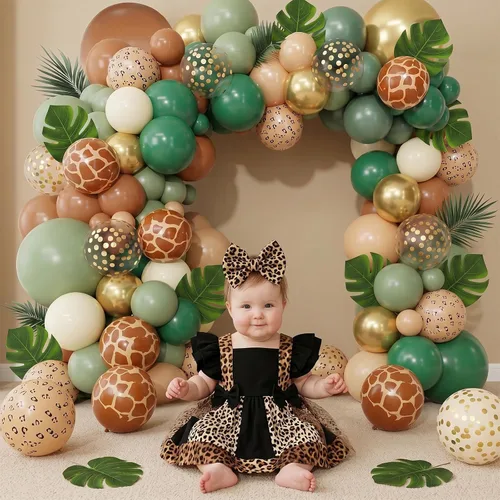 Vista 4 de Globos de color verde salvia marrón, paquete de 60 globos con estampado Verde Marrón Oro