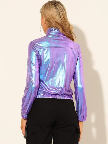 Vista 5 de Allegra K Chaqueta metálica holográfica brillante para mujer, manga larga, ligera, con cremallera
