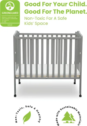 Vista 3 de Delta Children Cuna portátil plegable mini para bebé con colchón de 1.5 pulgadas - Certificado Greenguard Gold, gris
