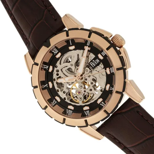 Vista 3 de Reign Philippe Reloj automático con esfera de esqueleto y correa de cuero, negro, REIRN4606, Marrón