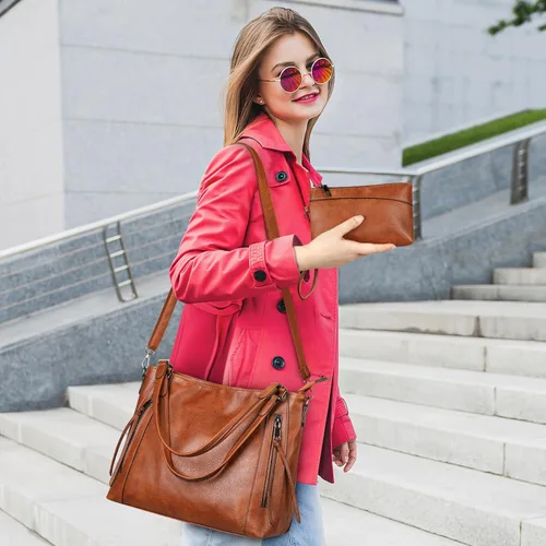 Vista 5 de UBORSE Bolsas de mano para mujer, bolsos y bolsos de mano con asa superior, bolso de hombro suave, bolso de mano para mujer, de cuero vegano, juego