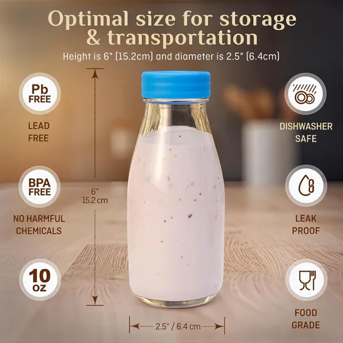 Vista 3 de Botellas de leche de vidrio de 10 onzas con tapas y popotes (paquete de 9) pequeños vasos herméticos con tapas, botellas reutilizables para jugos