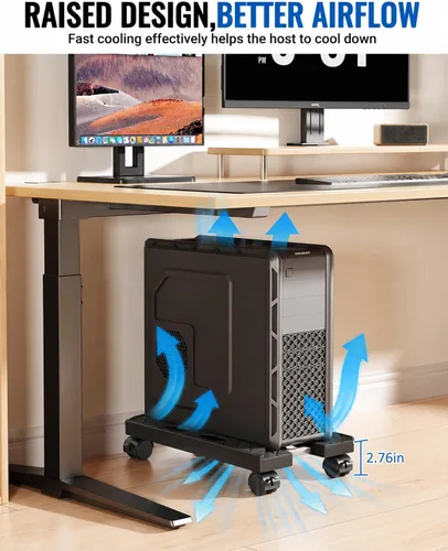 Vista 5 de Soporte de CPU móvil ajustable, Soporte de torre de computadora ventilado con 4 ruedas con rodamientos se adapta a la mayoría de torres de PC Grande