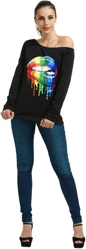 Vista 4 de MAGICMK - Suéter de hombros descubiertos y manga larga para mujer blusas informales con estampado de labios tallas extragrandes holgadas