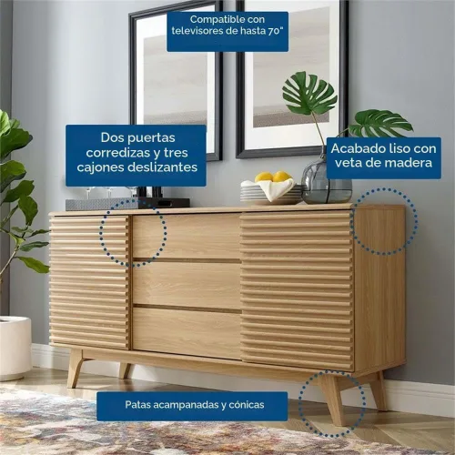 Vista 9 de Modway Render - Mueble moderno de mediados de siglo para mesa de bufé o TV de 63 pulgadas, en color roble