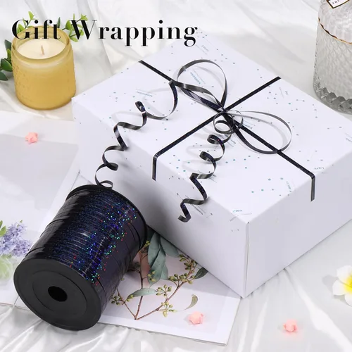 Vista 2 de Cinta Rizadora Negra, 500 Yardas, Metálica Brillante, Láser Fina, Rizada, Perfecta para Envolver Regalos, Globos, Manualidades, Fiestas, Ocasiones
