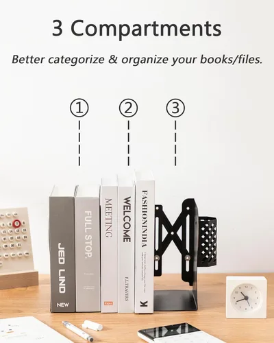 Vista 3 de Sujetalibros Kingsmile, sujetalibros ajustables para estantes, sujetalibros de metal para libros pesados, organizador de topes de libros con porta