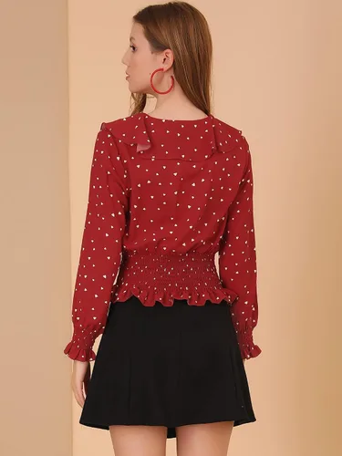 Vista 5 de Allegra K Blusa para mujer con cuello de Peter Pan con estampado de corazón y perlas