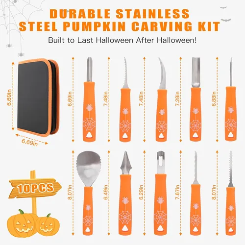 Vista 2 de Kit de tallado de calabaza, herramientas de Halloween, juego profesional de tallado de 10 piezas, acero inoxidable de doble cara, herramienta