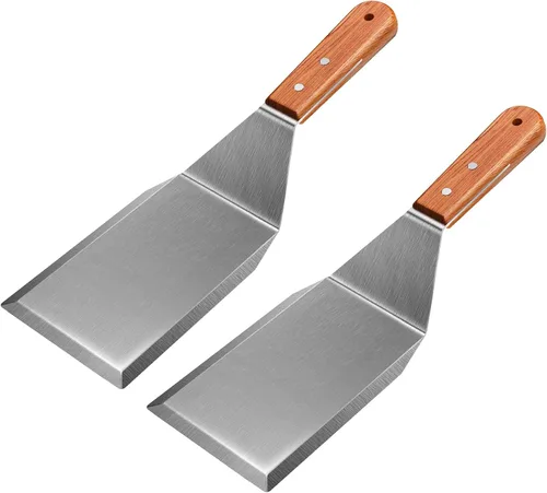 Vista 8 de Espátula para plancha, espátula de metal para sartén de hierro fundido, espátulas de acero inoxidable con mango de madera cómodo, espátula