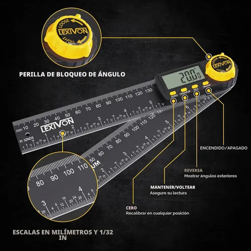 Vista 4 de LEXIVON Medidor de Ángulo Digital de Aluminio, Transportador Multiusos de 180mm/7 Pulgadas, Incluye Pantalla XL y Bolsa Resistente con Cremallera