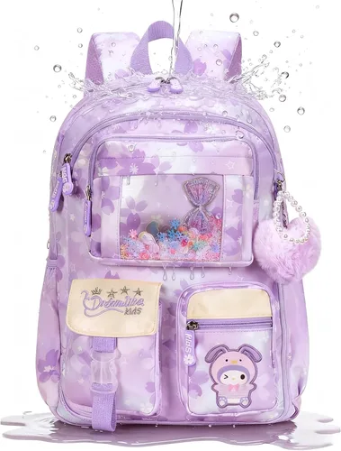 Vista 5 de Mochila Kawaii para niñas primaria primaria y media con múltiples bolsillos, bolsas casuales de viaje, Púrpura, Grande, dibujos animados