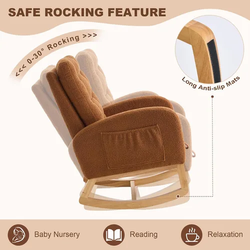 Vista 8 de Mecedora con reposapiés para cuarto de bebé, silla mecedora tapizada de peluche con bolsillo lateral, patas de madera maciza, respaldo alto