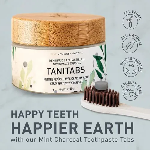 Vista 2 de Tanit abs Tabletas de pasta de dientes de carbón de menta, sin flúor, pasta de dientes natural para el cuidado de las encías y los dientes, pestañas