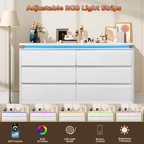 Vista 4 de Loomie Cómoda blanca mejorada de 6 cajones para dormitorio, cajonera larga de 47.2" con estación de carga y luces LED, mueble de almacenamiento
