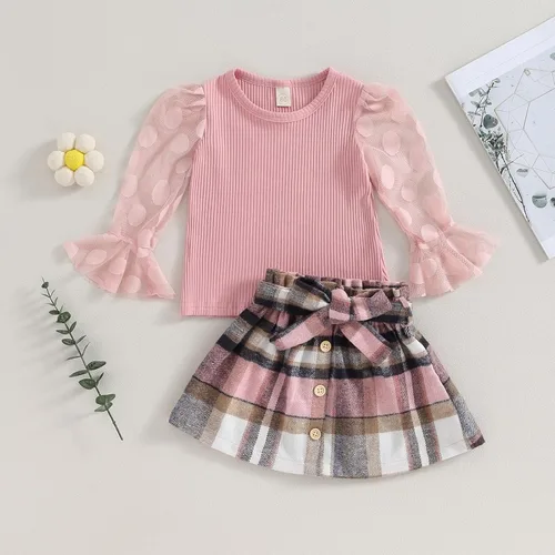 Vista 5 de Fernvia Conjunto de 2 piezas de minifalda de punto con volantes y cuello alto para bebé niña