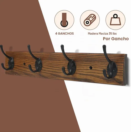Vista 4 de Perchero Montado en la Pared, Perchero de Pared con 4 Ganchos Rústicos para Abrigos, Riel de Perchero de Madera de Fresno de 17" para Entrada
