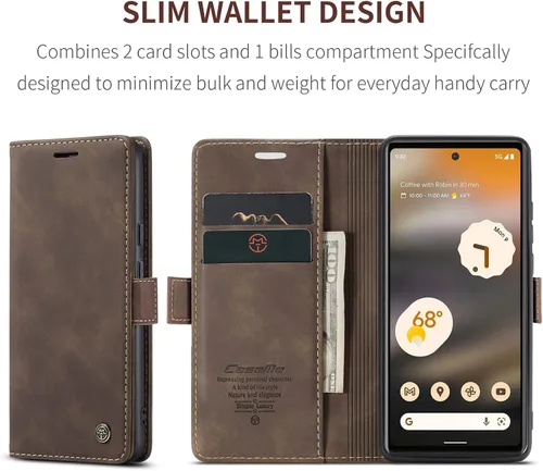 Vista 2 de Kowauri Funda para Google Pixel 6A, diseño clásico de piel con cierre magnético, con ranura para tarjetero, a prueba de golpes, funda protectora Café