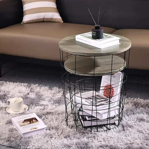 Vista 2 de Elevon Mesa auxiliar de mesa anidable, base de cesta de alambre con tapas de madera, juego de 2, gris