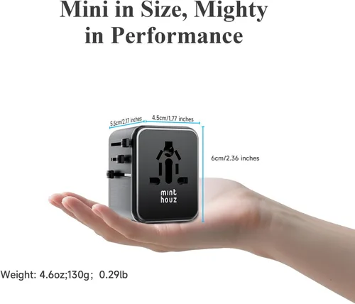 Vista 2 de Minthouz Adaptador de viaje universal, adaptador de corriente internacional de 35 W, cargador rápido GaN PD con 2 puertos USB-C PD y 2 puertos
