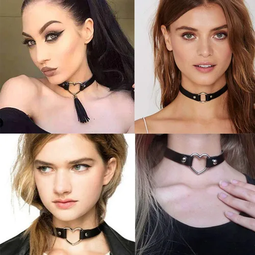 Vista 3 de Sinvini Gargantilla de cuero ajustable con corazón de amor punk PU collar gótico Egirl accesorios suave collar cadena para las mujeres