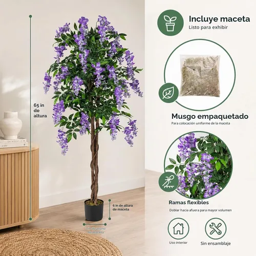 Vista 2 de Árboles artificiales ficus de 5.5 pies para decoración de interiores o exteriores Morado