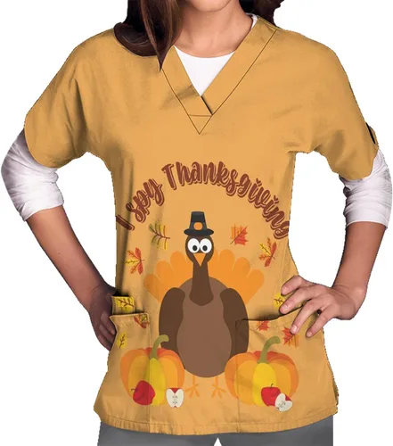 Vista 3 de Camisas de manga corta para mujer, uniforme de trabajo de enfermería, estampado de pavo, cómodas y transpirables