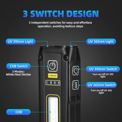 Vista 4 de DARKBEAM Linterna UV 365+395 Luz Negra, Linternas LED EDC de Alto Lumen USB C Recargables Lámpara Woods, Mini Luz Roja COB Magnética - Energía