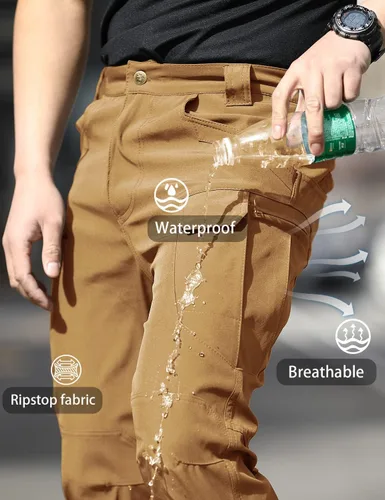 Vista 5 de FLYFIREFLY Pantalones de senderismo para hombre, ligeros, impermeables, pantalones tácticos con múltiples bolsillos (sin cinturón)