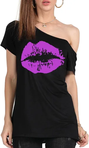 Vista 57 de MAGICMK - Camiseta casual para mujer, con estampado de labios y hombro descubierto, talla extragrande