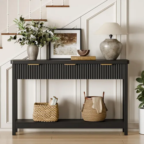 Vista 6 de Lulive Mesa Consola Acanalada de 51" para Entrada, Mesa de Entrada con 3 Cajones de Madera, Mesa Estilo Granja Detrás del Sofá para Sala de Estar