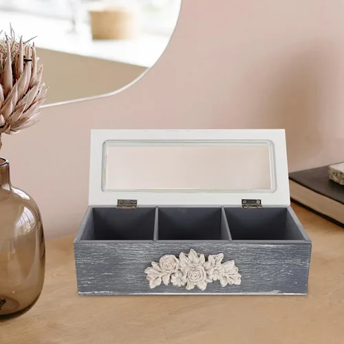 Vista 6 de BESTYASH Cofre de té de madera organizador 3 compartimentos con tapa y Acabado blanco, almacenamiento decorativo versátil para paquetes de café