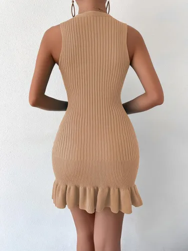 Vista 2 de MakeMeChic Minivestido tipo suéter ajustado sin mangas con dobladillo con volantes para mujer