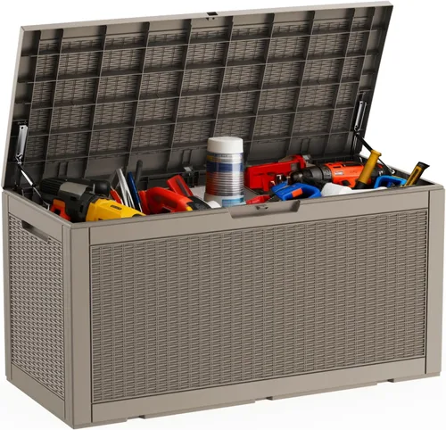 Vista 32 de DRATO Caja de almacenamiento para cubierta de 31 galones, caja de almacenamiento para exteriores para cojines de patio, herramientas de jardín, caja