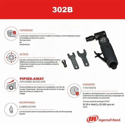 Vista 5 de Ingersoll Rand 302B Amoladora Neumática Angular de Troquel, 20,000 rpm, 0.33 hp, Pinza de 1/4", Escape Trasero