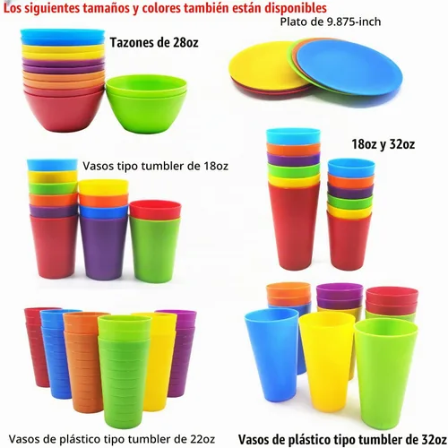 Vista 6 de Juego de vajilla de plástico, plato de plástico irrompible y reutilizable, cuenco y vaso juego de 18 multicolor