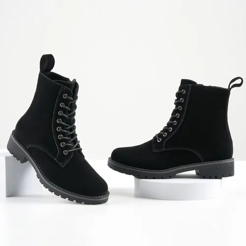Vista 5 de JABASIC Botas de combate de cuero de gamuza para mujer, botas de tobillo con cordones y cremallera lateral
