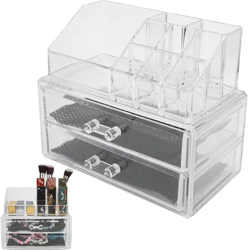 Vista 4 de Caja de almacenamiento de maquillaje, organizador transparente de dos niveles, joyería cosmética, lápiz labial, soporte para exhibición de lápiz