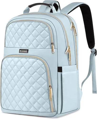Vista 12 de Mochila Kuosdaz para Mujeres, Beige, 15,6 pulg. 15.6 Inch Cute Quilted Laptop Backpack, Large Bookbag for Middle School College Students, Beige