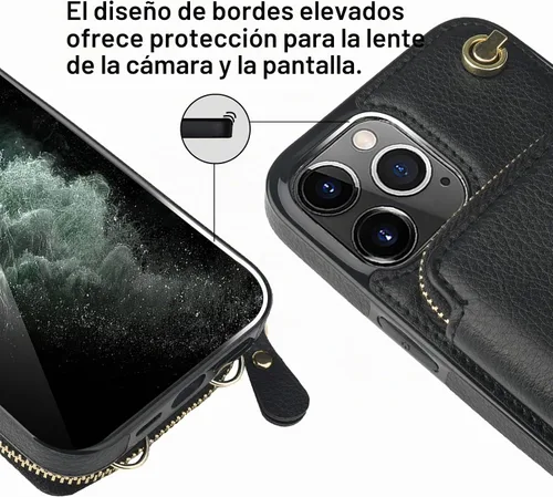 Vista 7 de Bocasal Funda tipo cartera cruzada para iPhone 11 Pro Max, funda de piel con bloqueo RFID y soporte para tarjetas, funda protectora con cremallera