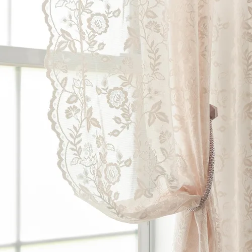 Vista 11 de FINECITY 2 paneles de cortinas de encaje beige de 36 pulgadas de largo con hojas florales rústicas, cortinas cortas y transparentes para ventana