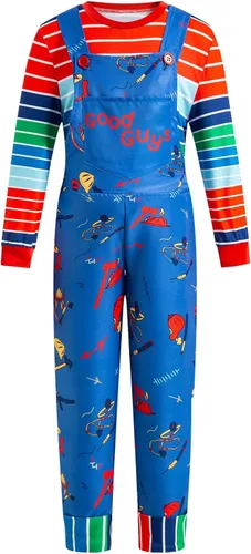 Vista 2 de Okbebe Disfraz de Chucky de Halloween para niños, conjunto de overol Chucky para cosplay